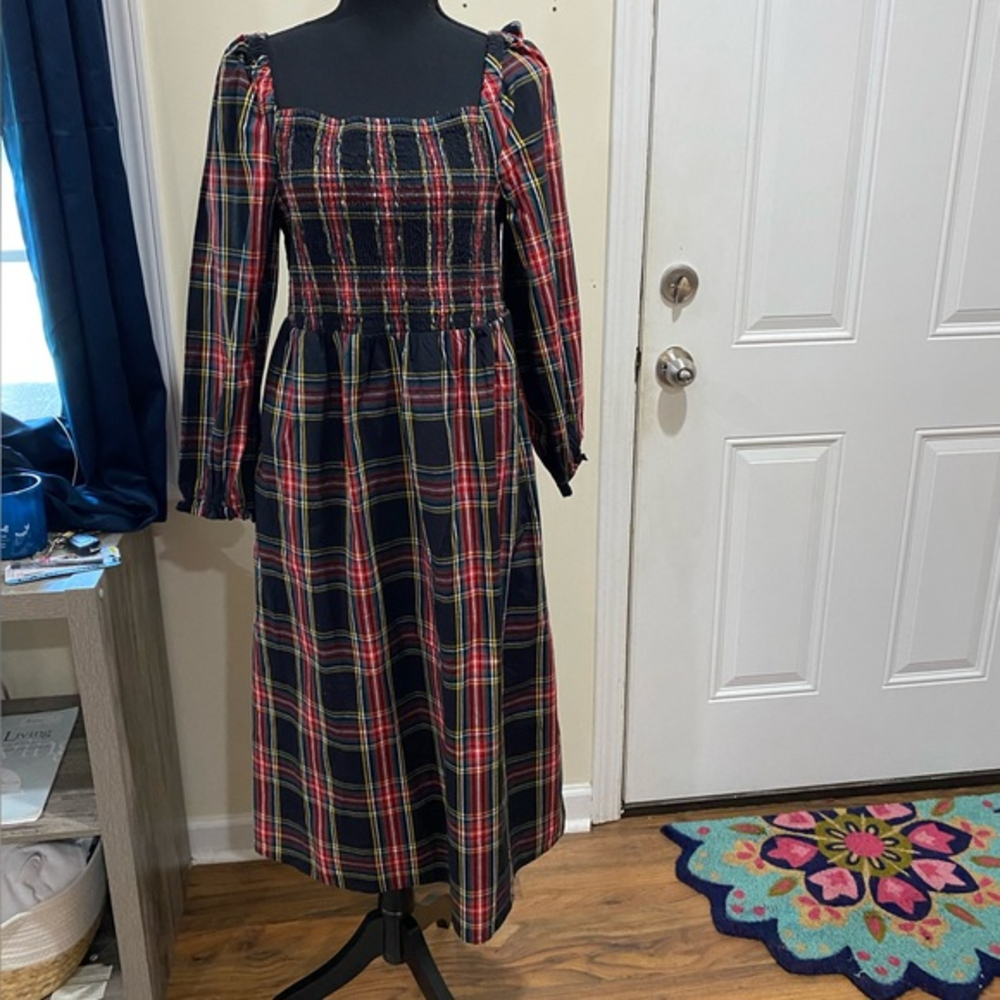 JCrew Smocked Plaid MIDI‎ Dress… Size: PL (12-14)… EUC